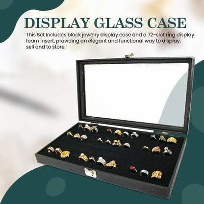 Novel Box Jewelry Display Glass Case Black 14.75 x 8.25 x 2.1 Inches with 72-Slot Blue Foam Insert, Travel Storage Case with Metal Clasp, Dust-Free Secure Organizer