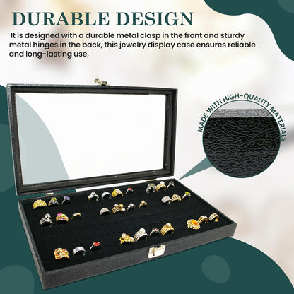 Novel Box Jewelry Display Glass Case Black 14.75 x 8.25 x 2.1 Inches with 72-Slot Blue Foam Insert, Travel Storage Case with Metal Clasp, Dust-Free Secure Organizer