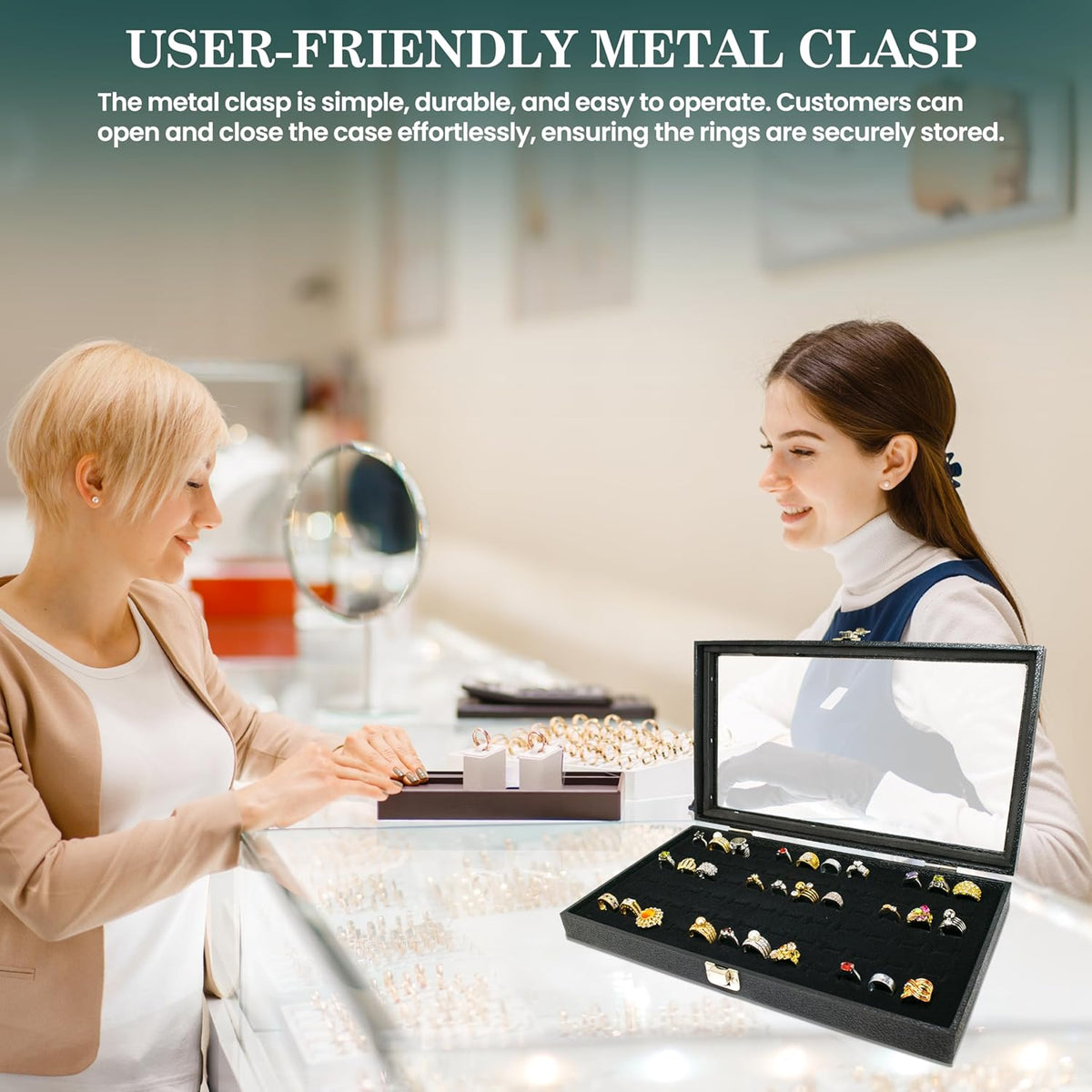 Novel Box Jewelry Display Glass Case Black 14.75 x 8.25 x 2.1 Inches with 72-Slot Blue Foam Insert, Travel Storage Case with Metal Clasp, Dust-Free Secure Organizer