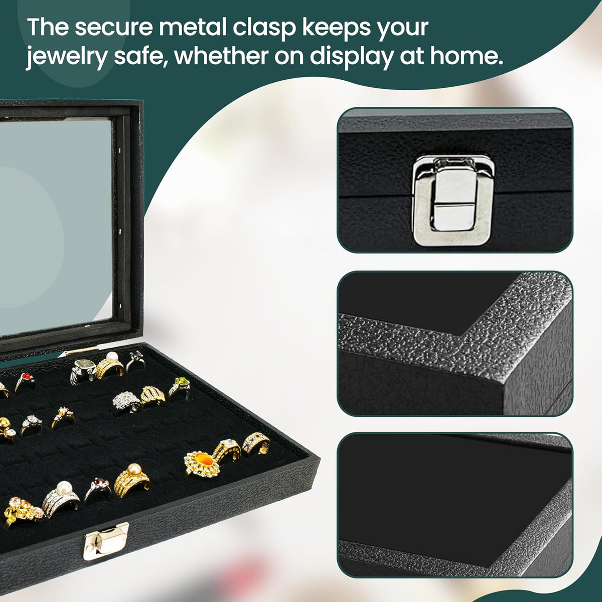 Novel Box Jewelry Display Glass Case Black 14.75 x 8.25 x 2.1 Inches with 72-Slot Blue Foam Insert, Travel Storage Case with Metal Clasp, Dust-Free Secure Organizer