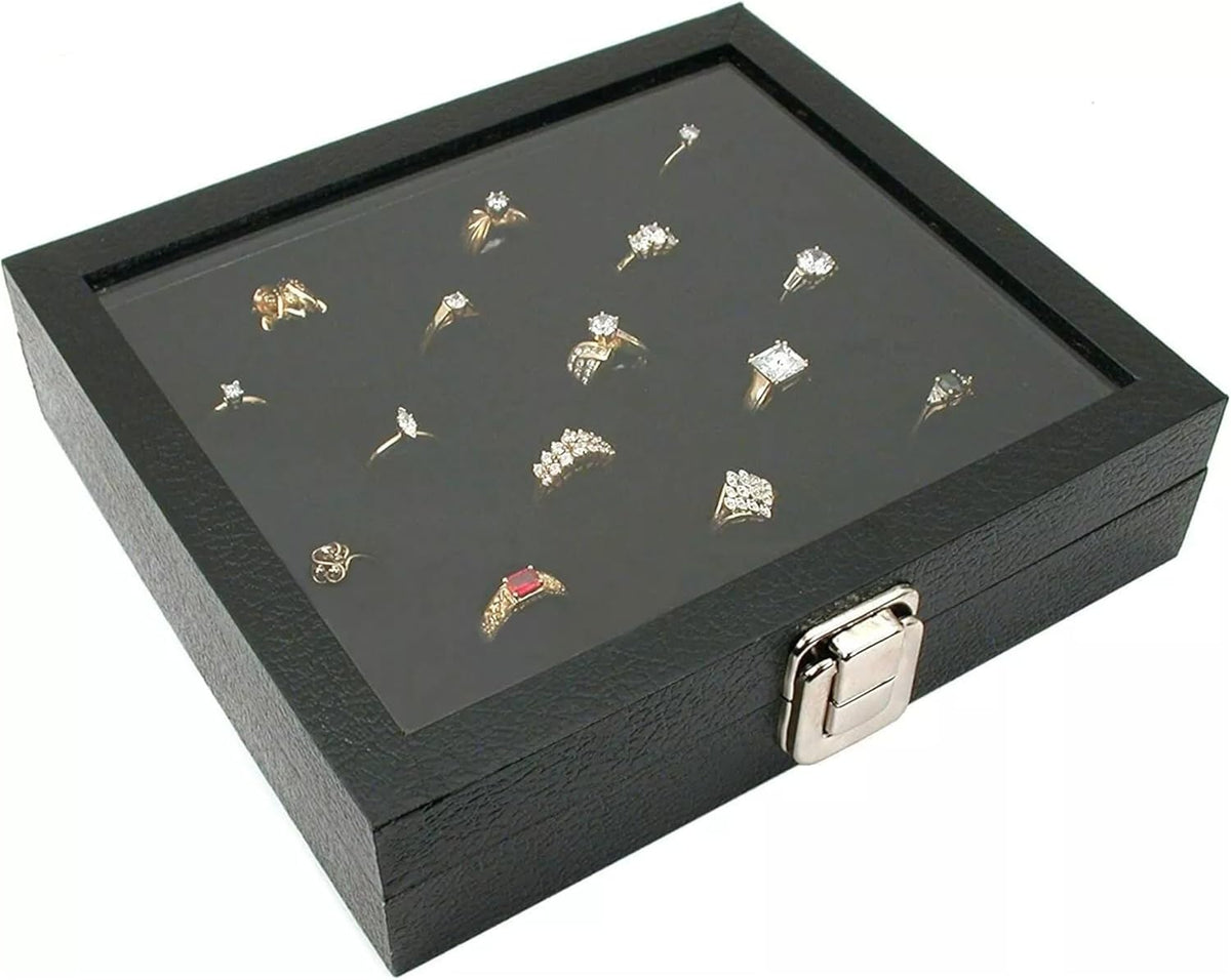 Novel Box Jewelry Display Glass Case Black 14.75 x 8.25 x 2.1 Inches with 72-Slot Blue Foam Insert, Travel Storage Case with Metal Clasp, Dust-Free Secure Organizer