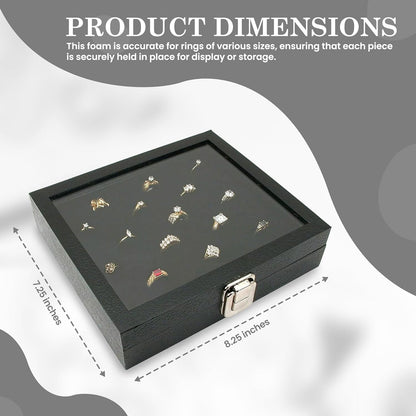 Novel Box Jewelry Display Glass Case Black 14.75 x 8.25 x 2.1 Inches with 72-Slot Blue Foam Insert, Travel Storage Case with Metal Clasp, Dust-Free Secure Organizer