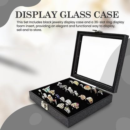 Novel Box Jewelry Display Glass Case Black 14.75 x 8.25 x 2.1 Inches with 72-Slot Blue Foam Insert, Travel Storage Case with Metal Clasp, Dust-Free Secure Organizer