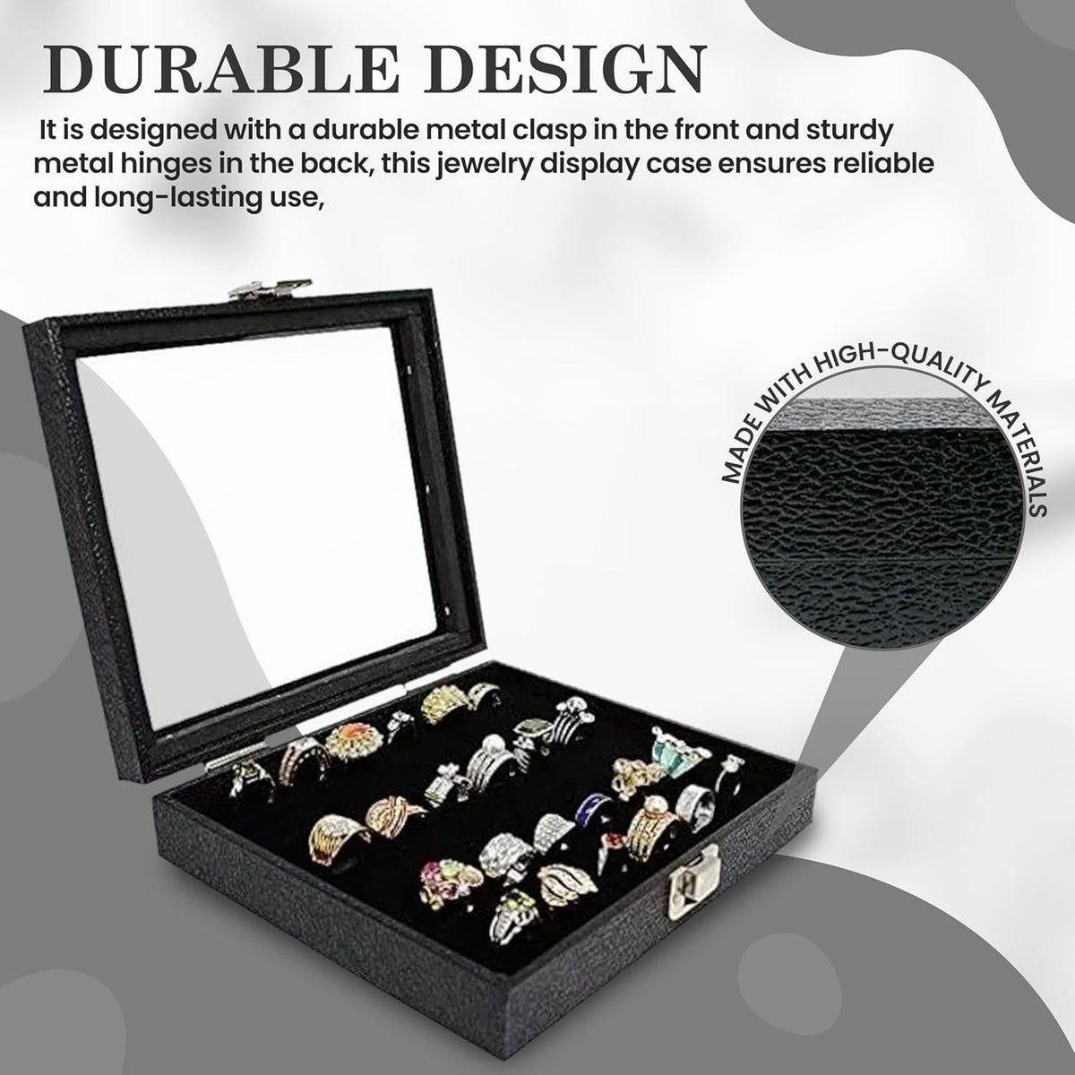 Novel Box Jewelry Display Glass Case Black 14.75 x 8.25 x 2.1 Inches with 72-Slot Blue Foam Insert, Travel Storage Case with Metal Clasp, Dust-Free Secure Organizer