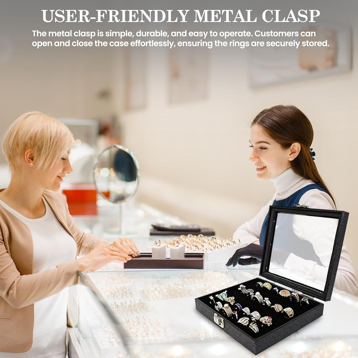 Novel Box Jewelry Display Glass Case Black 14.75 x 8.25 x 2.1 Inches with 72-Slot Blue Foam Insert, Travel Storage Case with Metal Clasp, Dust-Free Secure Organizer