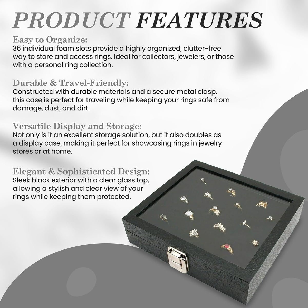 Novel Box Jewelry Display Glass Case Black 14.75 x 8.25 x 2.1 Inches with 72-Slot Blue Foam Insert, Travel Storage Case with Metal Clasp, Dust-Free Secure Organizer