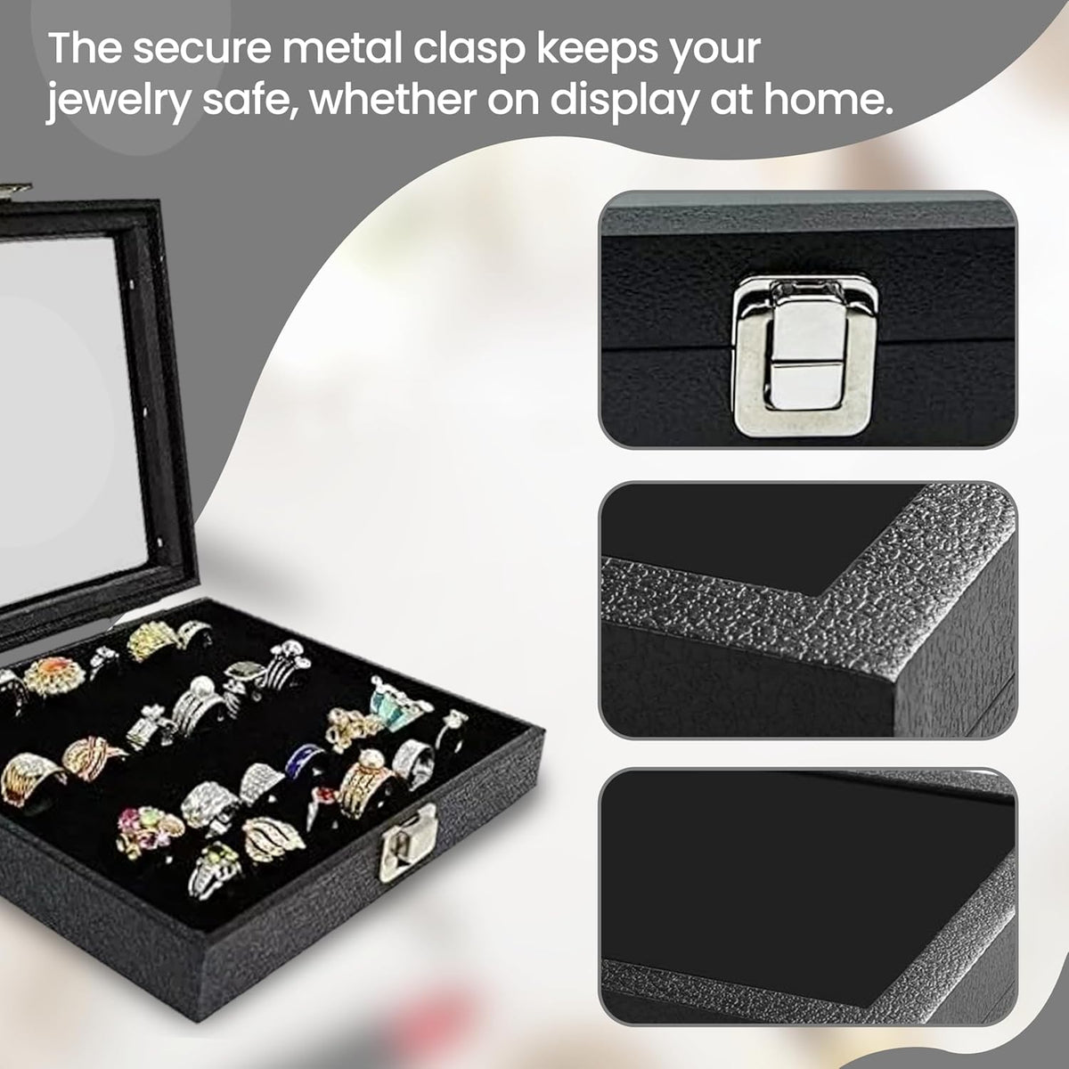 Novel Box Jewelry Display Glass Case Black 14.75 x 8.25 x 2.1 Inches with 72-Slot Blue Foam Insert, Travel Storage Case with Metal Clasp, Dust-Free Secure Organizer
