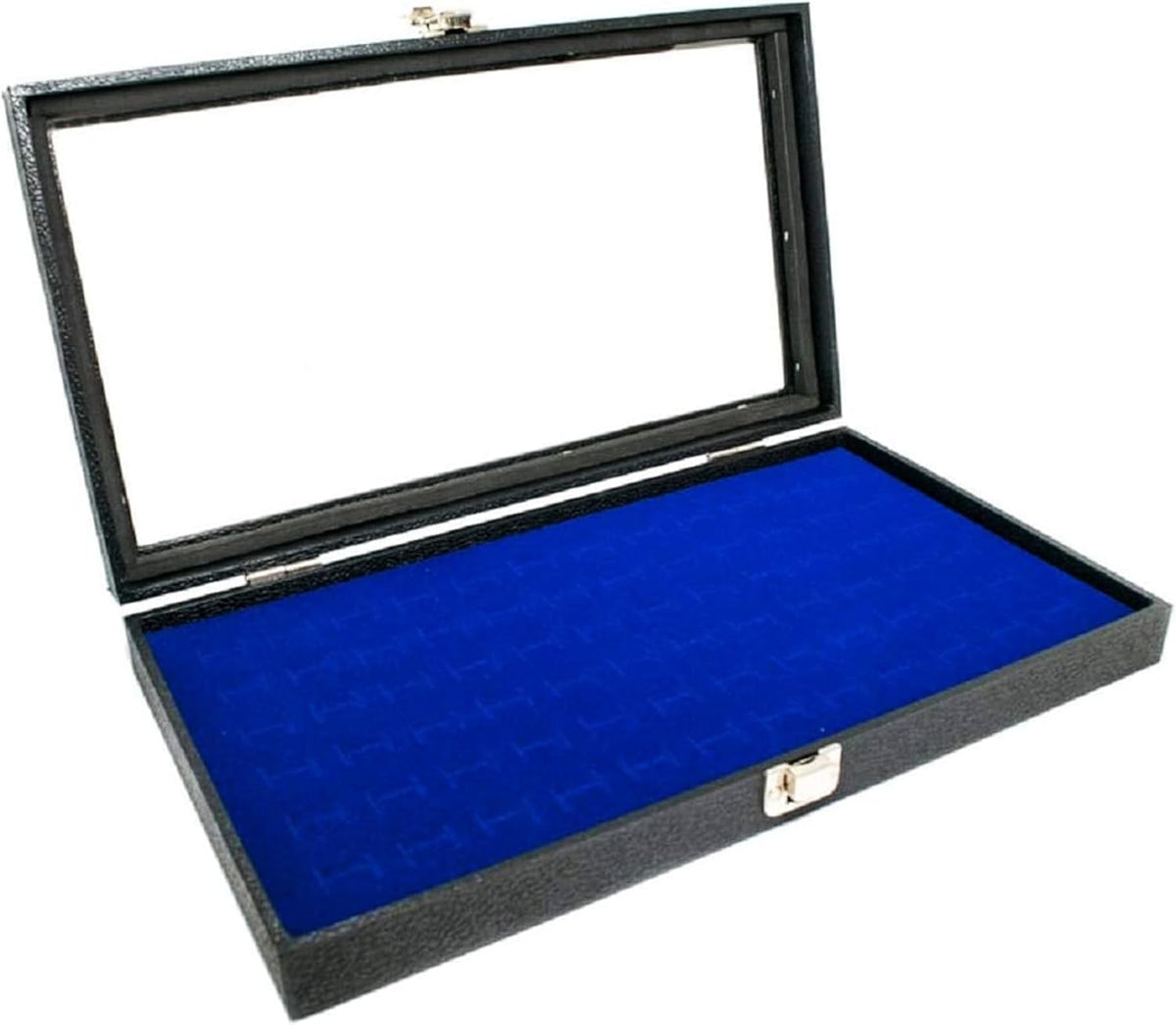 Novel Box Jewelry Display Glass Case Black 14.75 x 8.25 x 2.1 Inches with 72-Slot Blue Foam Insert, Travel Storage Case with Metal Clasp, Dust-Free Secure Organizer
