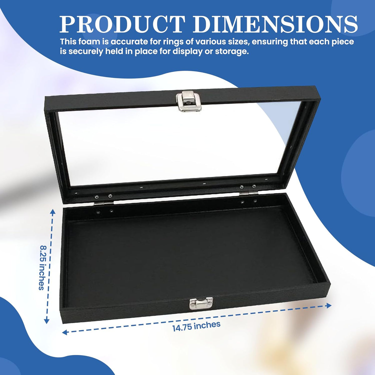 Novel Box Jewelry Display Glass Case Black 14.75 x 8.25 x 2.1 Inches with 72-Slot Blue Foam Insert, Travel Storage Case with Metal Clasp, Dust-Free Secure Organizer