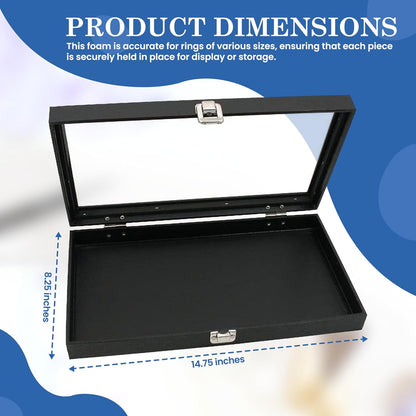 Novel Box Jewelry Display Glass Case Black 14.75 x 8.25 x 2.1 Inches with 72-Slot Blue Foam Insert, Travel Storage Case with Metal Clasp, Dust-Free Secure Organizer