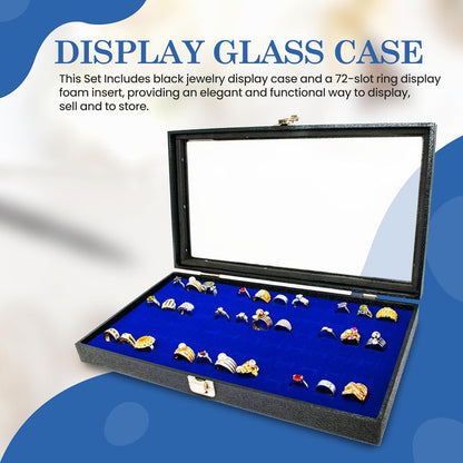 Novel Box Jewelry Display Glass Case Black 14.75 x 8.25 x 2.1 Inches with 72-Slot Blue Foam Insert, Travel Storage Case with Metal Clasp, Dust-Free Secure Organizer