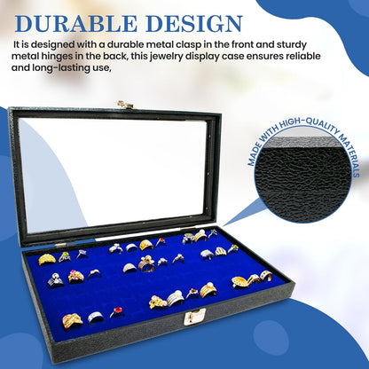 Novel Box Jewelry Display Glass Case Black 14.75 x 8.25 x 2.1 Inches with 72-Slot Blue Foam Insert, Travel Storage Case with Metal Clasp, Dust-Free Secure Organizer