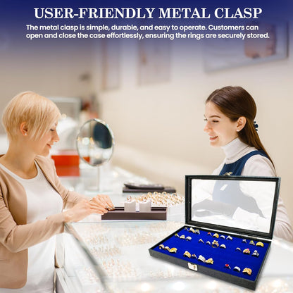 Novel Box Jewelry Display Glass Case Black 14.75 x 8.25 x 2.1 Inches with 72-Slot Blue Foam Insert, Travel Storage Case with Metal Clasp, Dust-Free Secure Organizer
