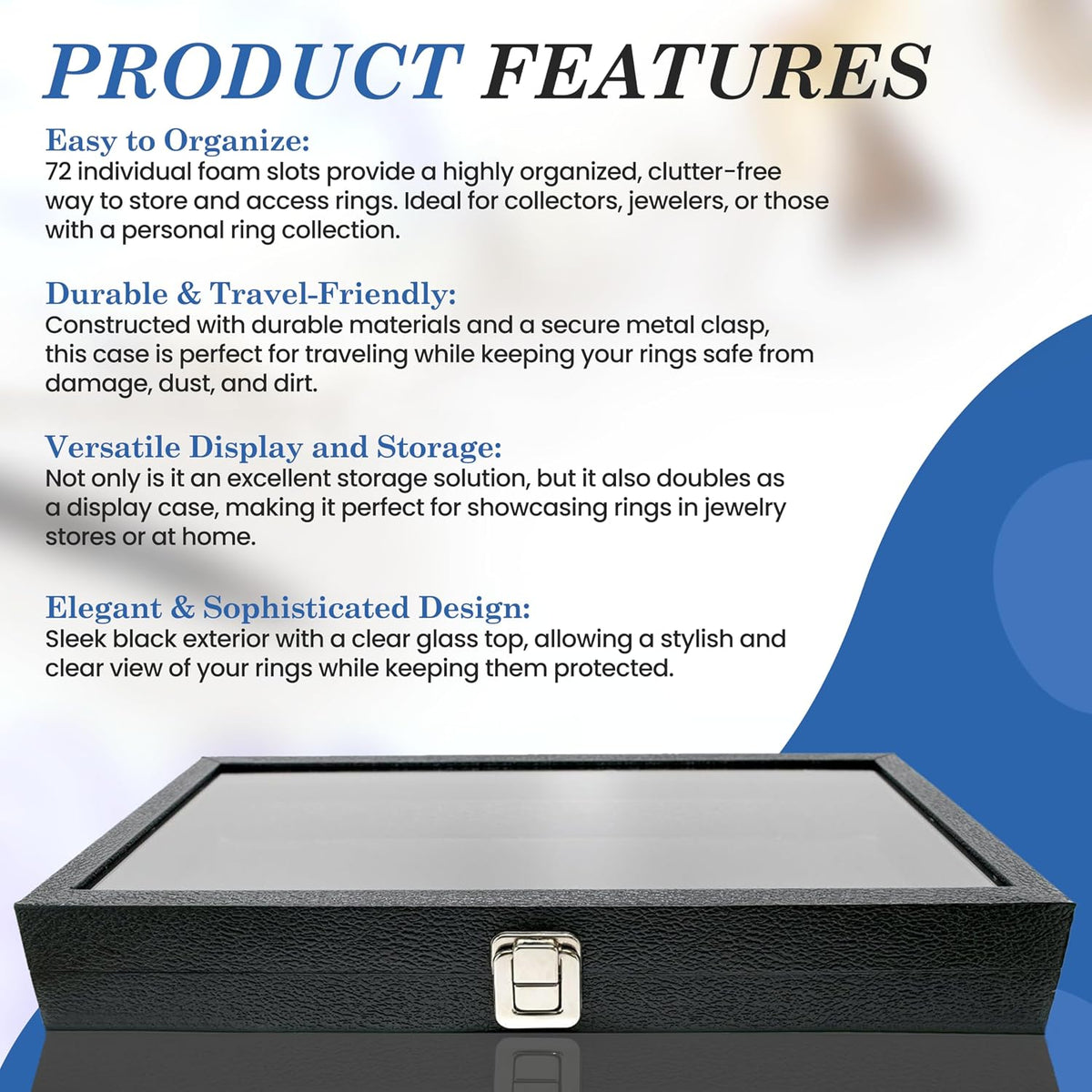 Novel Box Jewelry Display Glass Case Black 14.75 x 8.25 x 2.1 Inches with 72-Slot Blue Foam Insert, Travel Storage Case with Metal Clasp, Dust-Free Secure Organizer