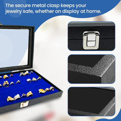 Novel Box Jewelry Display Glass Case Black 14.75 x 8.25 x 2.1 Inches with 72-Slot Blue Foam Insert, Travel Storage Case with Metal Clasp, Dust-Free Secure Organizer