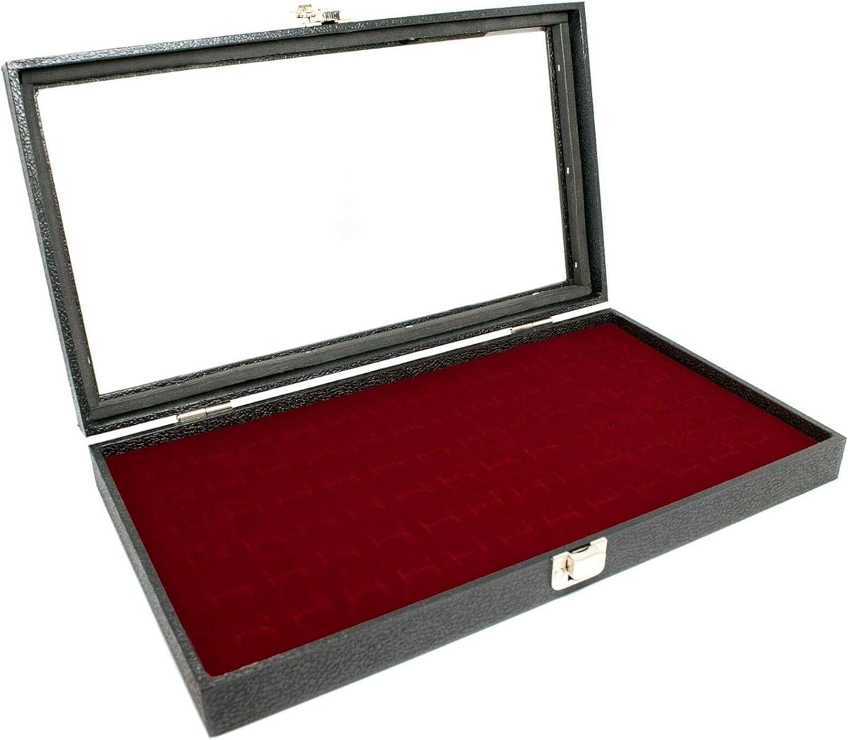 Novel Box Jewelry Display Glass Case Black 14.75 x 8.25 x 2.1 Inches with 72-Slot Blue Foam Insert, Travel Storage Case with Metal Clasp, Dust-Free Secure Organizer