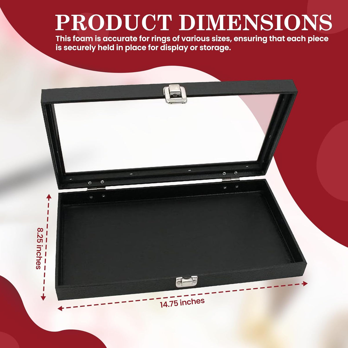 Novel Box Jewelry Display Glass Case Black 14.75 x 8.25 x 2.1 Inches with 72-Slot Blue Foam Insert, Travel Storage Case with Metal Clasp, Dust-Free Secure Organizer