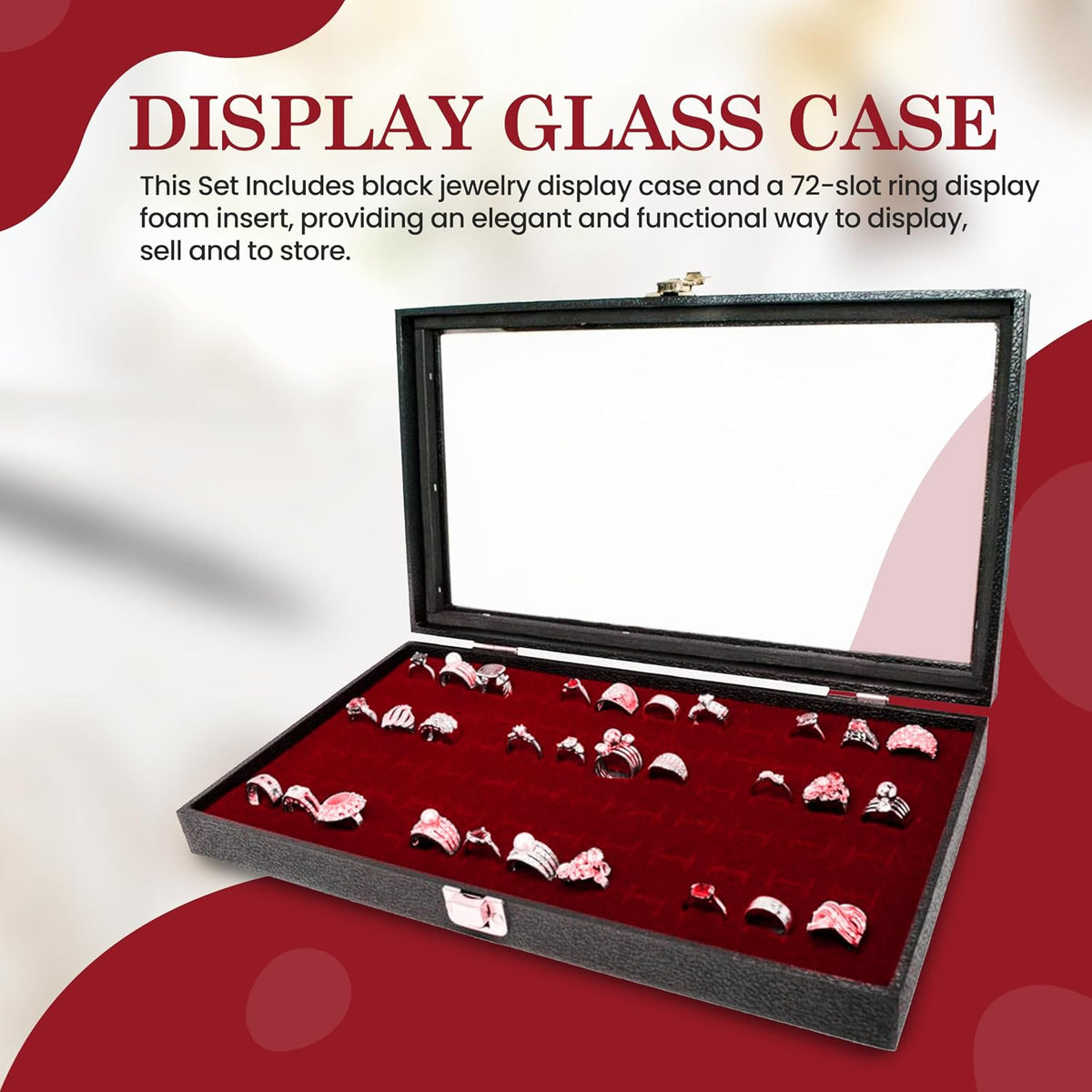 Novel Box Jewelry Display Glass Case Black 14.75 x 8.25 x 2.1 Inches with 72-Slot Blue Foam Insert, Travel Storage Case with Metal Clasp, Dust-Free Secure Organizer