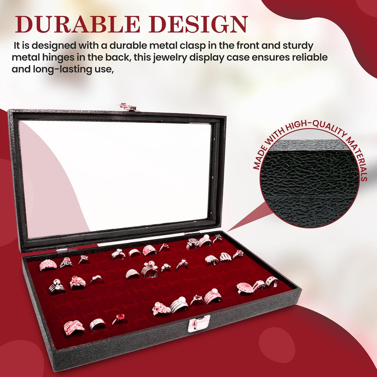 Novel Box Jewelry Display Glass Case Black 14.75 x 8.25 x 2.1 Inches with 72-Slot Blue Foam Insert, Travel Storage Case with Metal Clasp, Dust-Free Secure Organizer