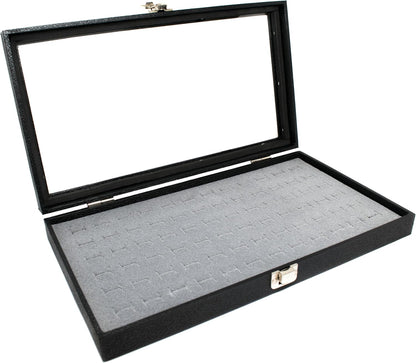 Novel Box Jewelry Display Glass Case Black 14.75 x 8.25 x 2.1 Inches with 72-Slot Blue Foam Insert, Travel Storage Case with Metal Clasp, Dust-Free Secure Organizer