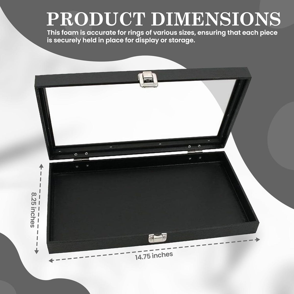 Novel Box Jewelry Display Glass Case Black 14.75 x 8.25 x 2.1 Inches with 72-Slot Blue Foam Insert, Travel Storage Case with Metal Clasp, Dust-Free Secure Organizer