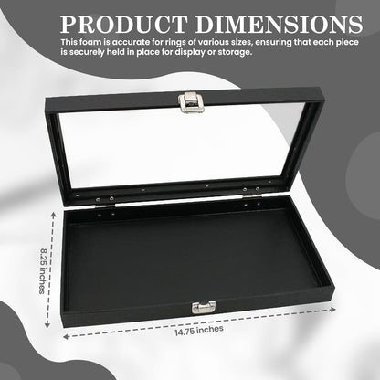 Novel Box Jewelry Display Glass Case Black 14.75 x 8.25 x 2.1 Inches with 72-Slot Blue Foam Insert, Travel Storage Case with Metal Clasp, Dust-Free Secure Organizer