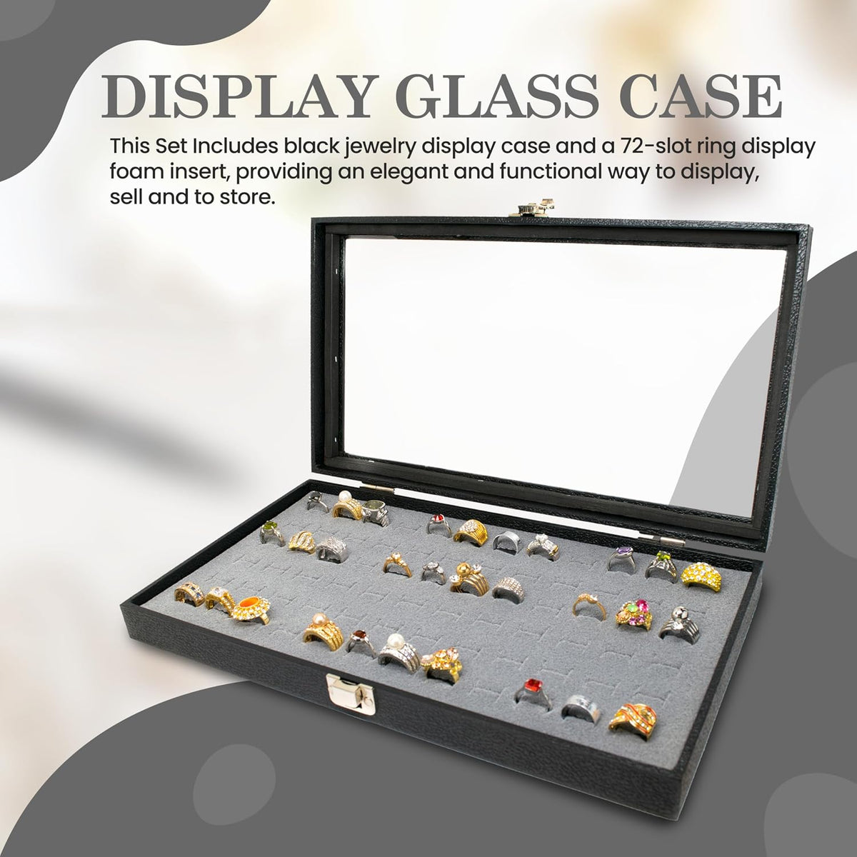 Novel Box Jewelry Display Glass Case Black 14.75 x 8.25 x 2.1 Inches with 72-Slot Blue Foam Insert, Travel Storage Case with Metal Clasp, Dust-Free Secure Organizer