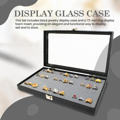 Novel Box Jewelry Display Glass Case Black 14.75 x 8.25 x 2.1 Inches with 72-Slot Blue Foam Insert, Travel Storage Case with Metal Clasp, Dust-Free Secure Organizer