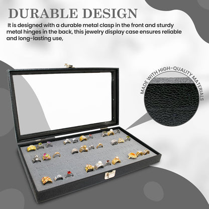 Novel Box Jewelry Display Glass Case Black 14.75 x 8.25 x 2.1 Inches with 72-Slot Blue Foam Insert, Travel Storage Case with Metal Clasp, Dust-Free Secure Organizer