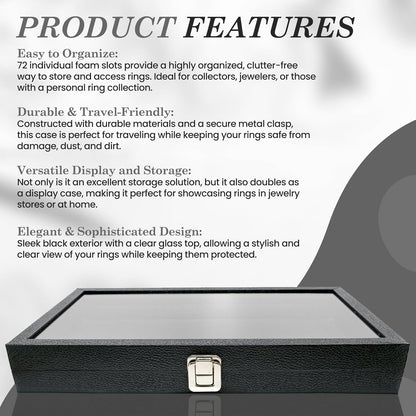 Novel Box Jewelry Display Glass Case Black 14.75 x 8.25 x 2.1 Inches with 72-Slot Blue Foam Insert, Travel Storage Case with Metal Clasp, Dust-Free Secure Organizer