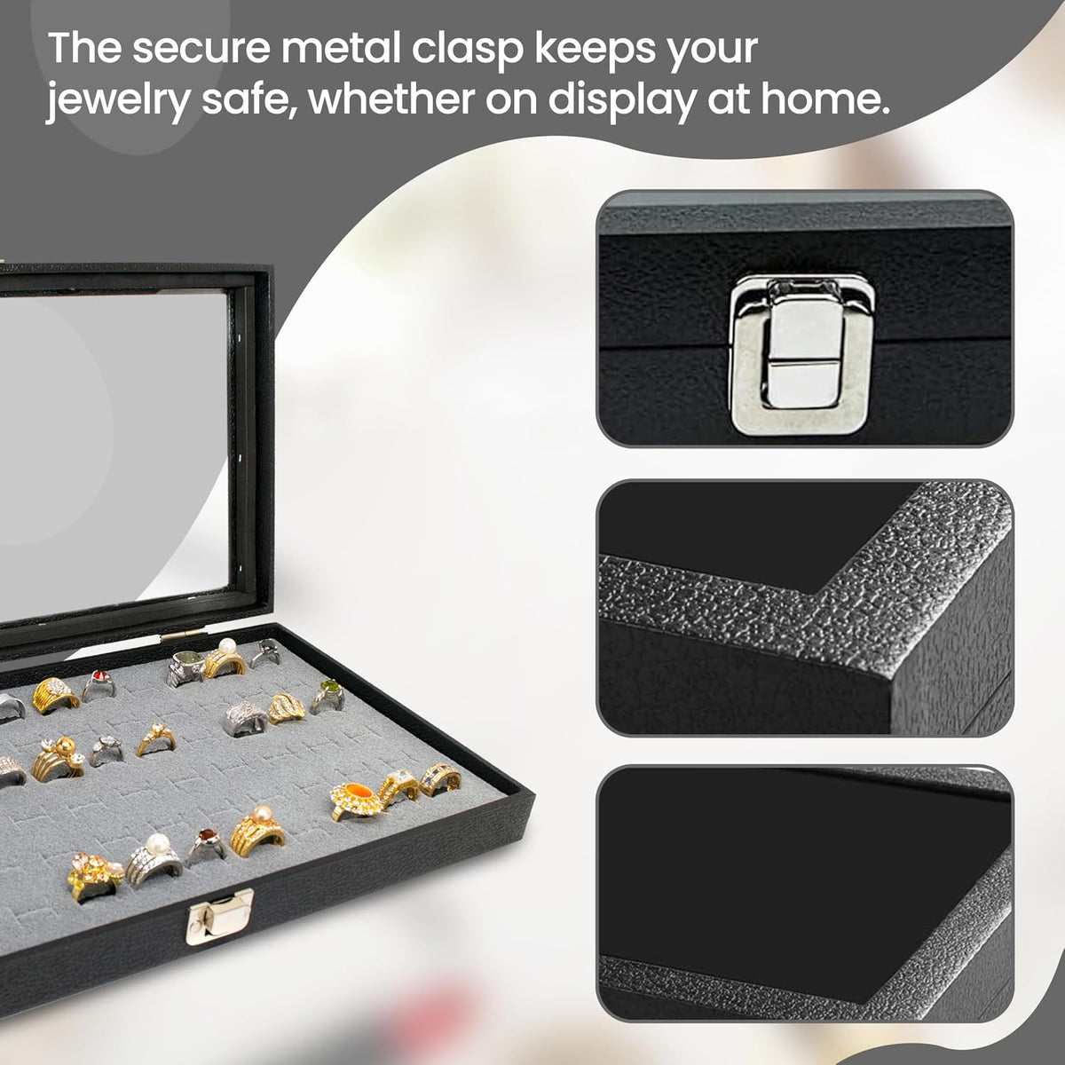 Novel Box Jewelry Display Glass Case Black 14.75 x 8.25 x 2.1 Inches with 72-Slot Blue Foam Insert, Travel Storage Case with Metal Clasp, Dust-Free Secure Organizer