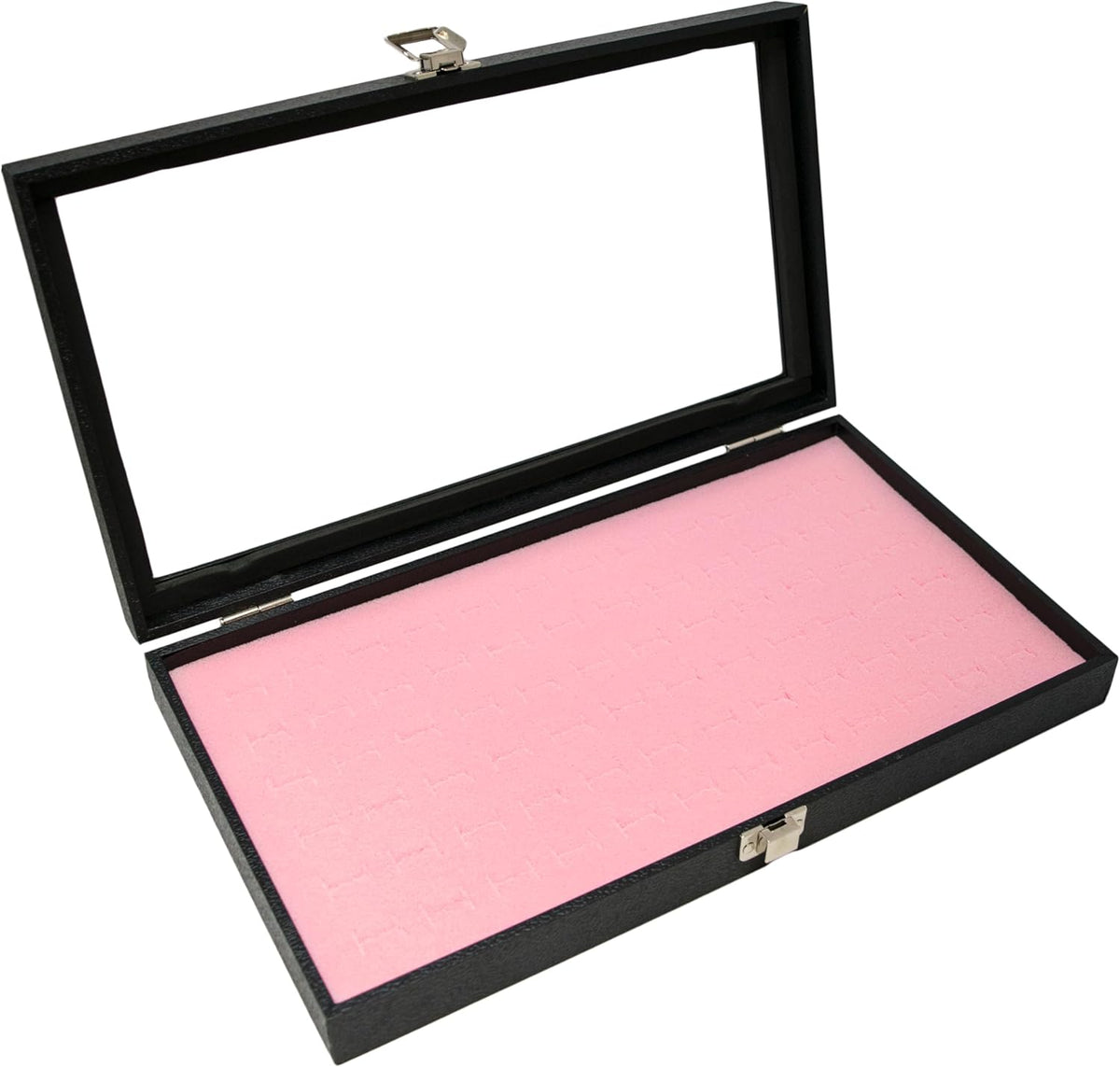Novel Box Jewelry Display Glass Case Black 14.75 x 8.25 x 2.1 Inches with 72-Slot Blue Foam Insert, Travel Storage Case with Metal Clasp, Dust-Free Secure Organizer