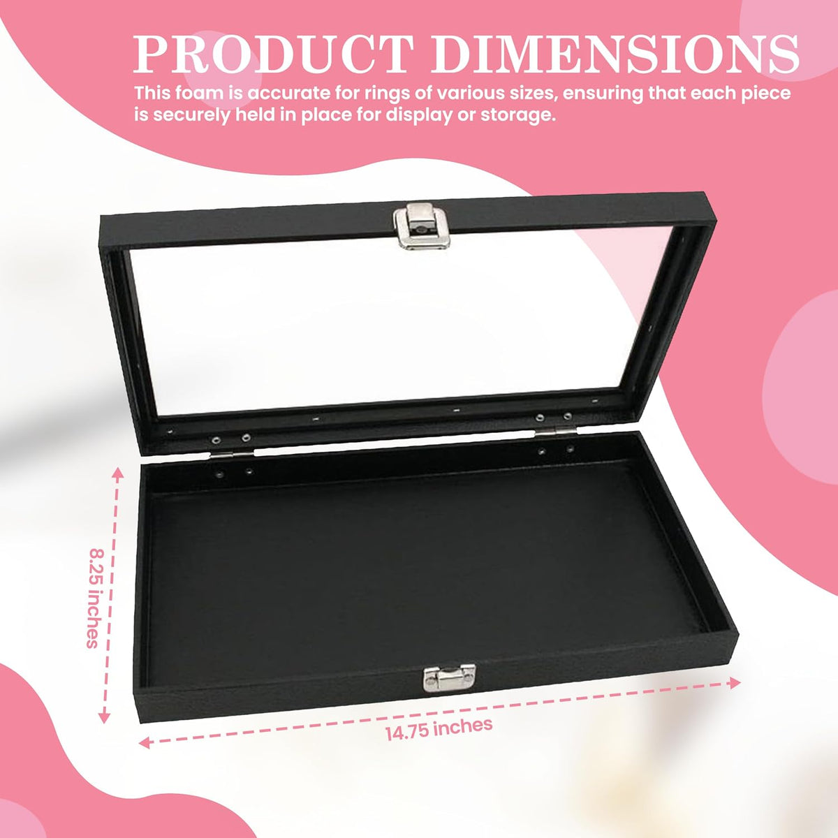 Novel Box Jewelry Display Glass Case Black 14.75 x 8.25 x 2.1 Inches with 72-Slot Blue Foam Insert, Travel Storage Case with Metal Clasp, Dust-Free Secure Organizer