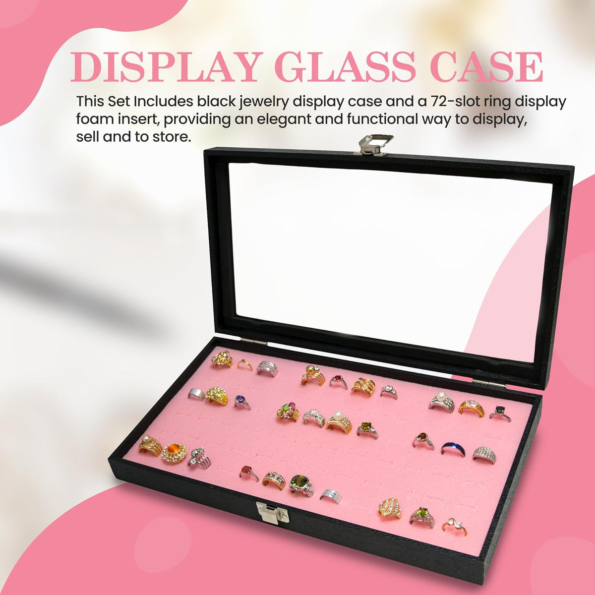 Novel Box Jewelry Display Glass Case Black 14.75 x 8.25 x 2.1 Inches with 72-Slot Blue Foam Insert, Travel Storage Case with Metal Clasp, Dust-Free Secure Organizer