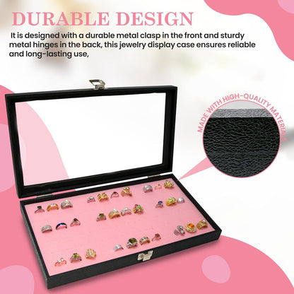 Novel Box Jewelry Display Glass Case Black 14.75 x 8.25 x 2.1 Inches with 72-Slot Blue Foam Insert, Travel Storage Case with Metal Clasp, Dust-Free Secure Organizer