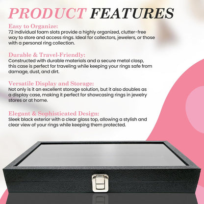 Novel Box Jewelry Display Glass Case Black 14.75 x 8.25 x 2.1 Inches with 72-Slot Blue Foam Insert, Travel Storage Case with Metal Clasp, Dust-Free Secure Organizer