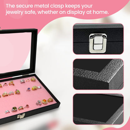 Novel Box Jewelry Display Glass Case Black 14.75 x 8.25 x 2.1 Inches with 72-Slot Blue Foam Insert, Travel Storage Case with Metal Clasp, Dust-Free Secure Organizer