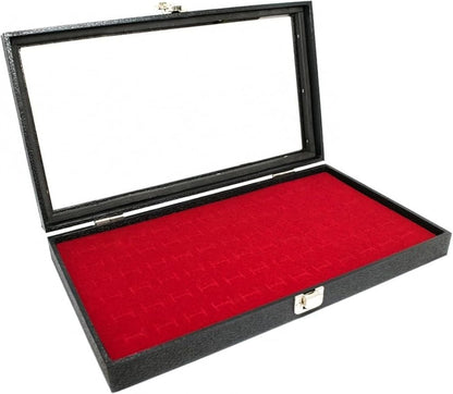 Novel Box Jewelry Display Glass Case Black 14.75 x 8.25 x 2.1 Inches with 72-Slot Blue Foam Insert, Travel Storage Case with Metal Clasp, Dust-Free Secure Organizer