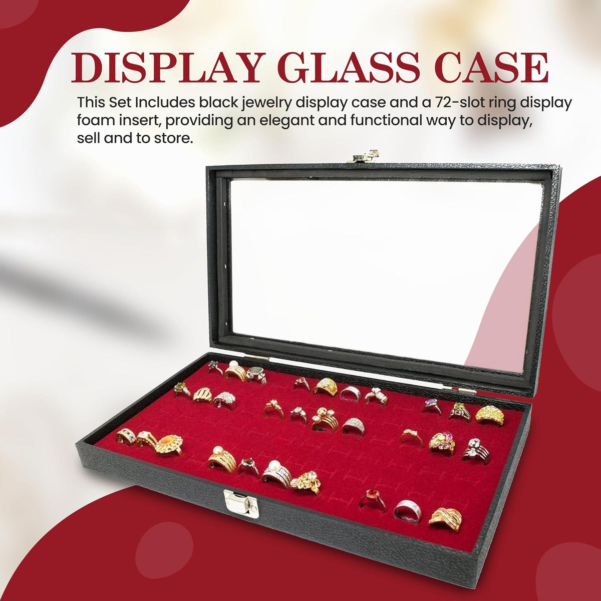 Novel Box Jewelry Display Glass Case Black 14.75 x 8.25 x 2.1 Inches with 72-Slot Blue Foam Insert, Travel Storage Case with Metal Clasp, Dust-Free Secure Organizer