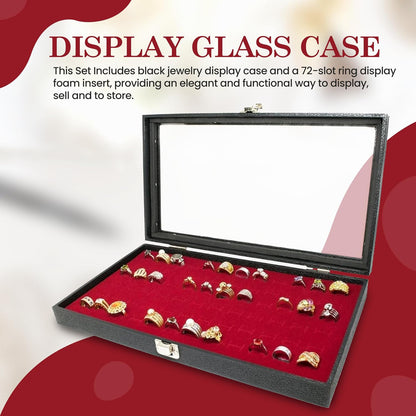 Novel Box Jewelry Display Glass Case Black 14.75 x 8.25 x 2.1 Inches with 72-Slot Blue Foam Insert, Travel Storage Case with Metal Clasp, Dust-Free Secure Organizer