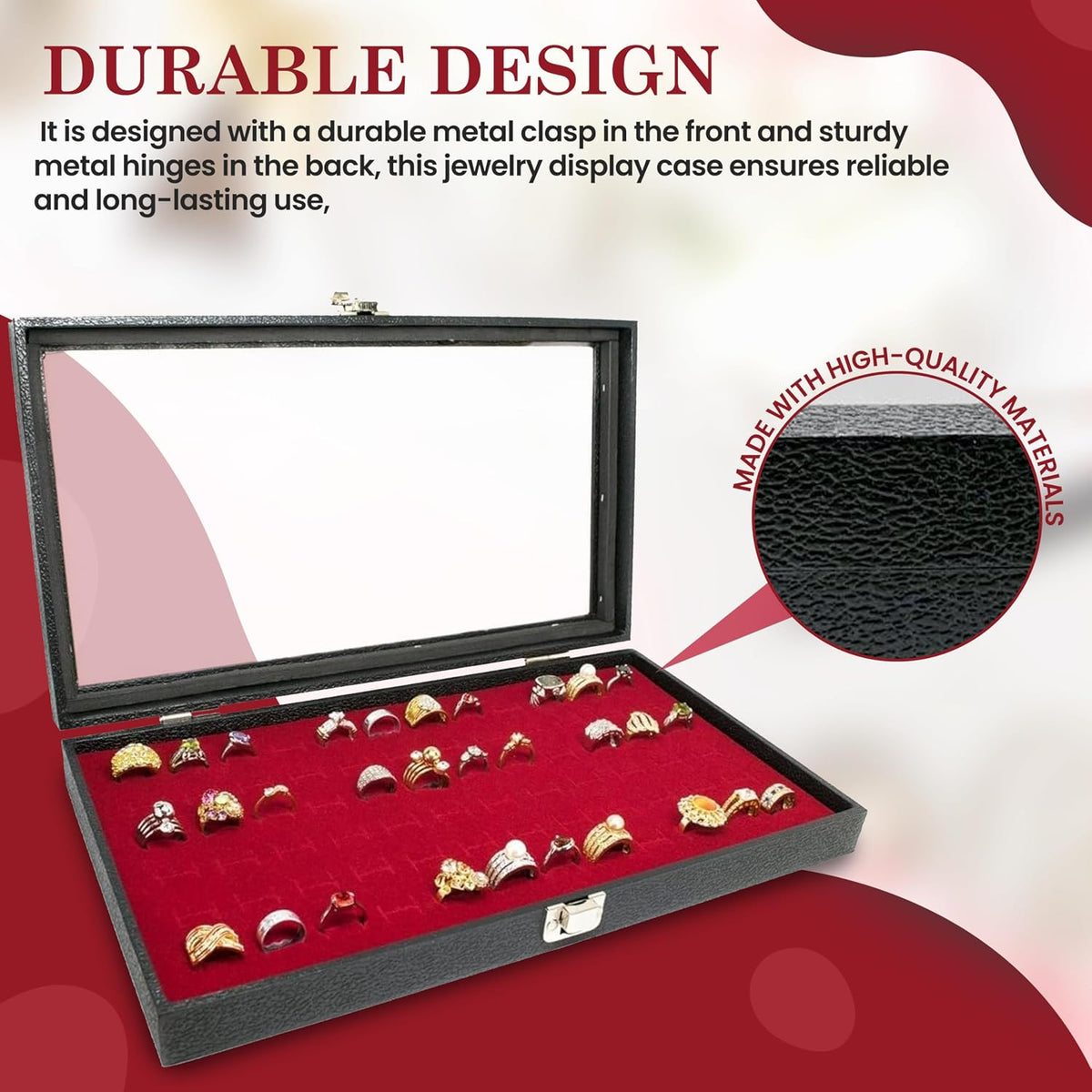Novel Box Jewelry Display Glass Case Black 14.75 x 8.25 x 2.1 Inches with 72-Slot Blue Foam Insert, Travel Storage Case with Metal Clasp, Dust-Free Secure Organizer