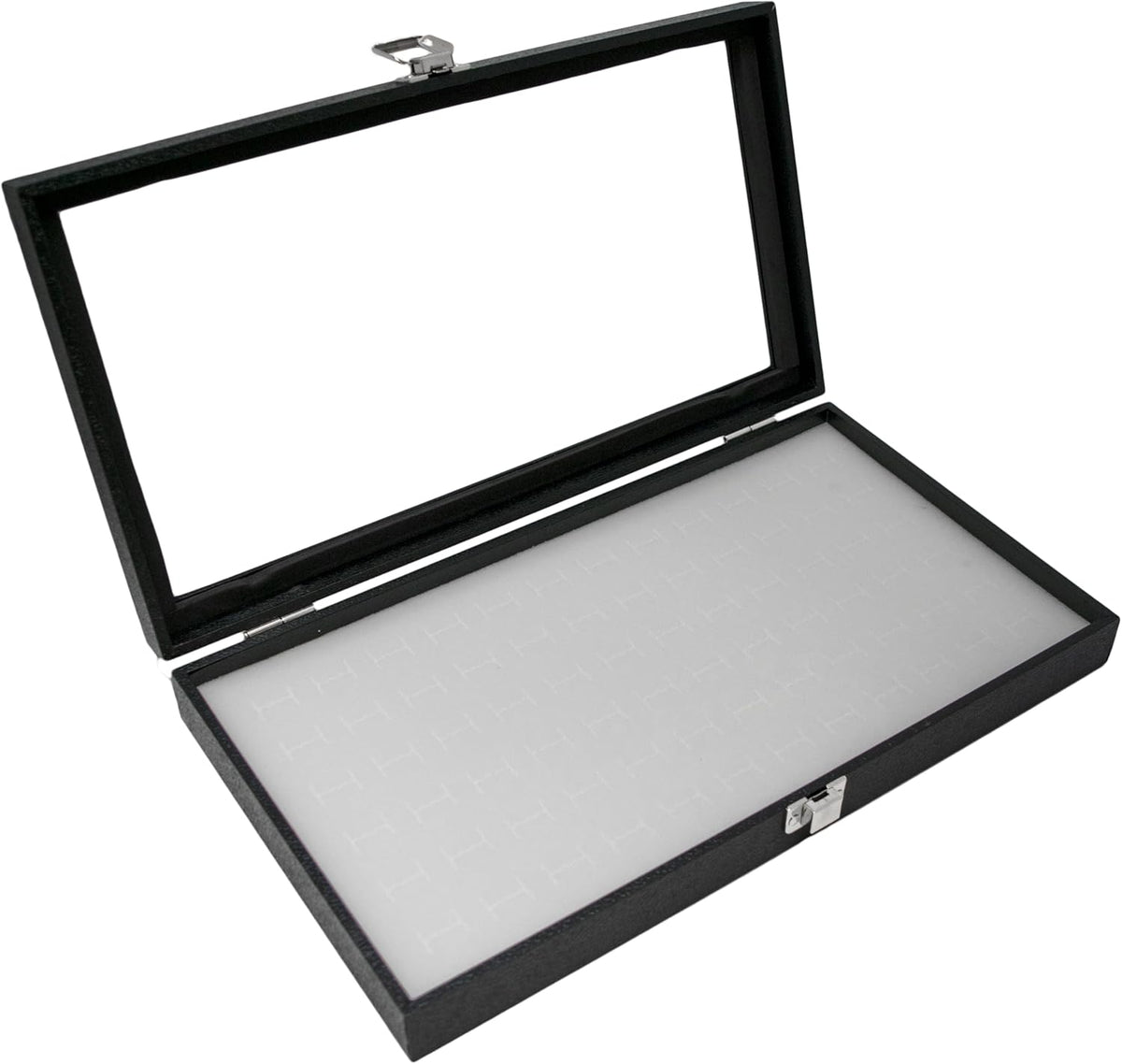 Novel Box Jewelry Display Glass Case Black 14.75 x 8.25 x 2.1 Inches with 72-Slot Blue Foam Insert, Travel Storage Case with Metal Clasp, Dust-Free Secure Organizer