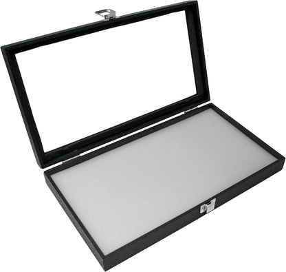 Novel Box Jewelry Display Glass Case Black 14.75 x 8.25 x 2.1 Inches with 72-Slot Blue Foam Insert, Travel Storage Case with Metal Clasp, Dust-Free Secure Organizer