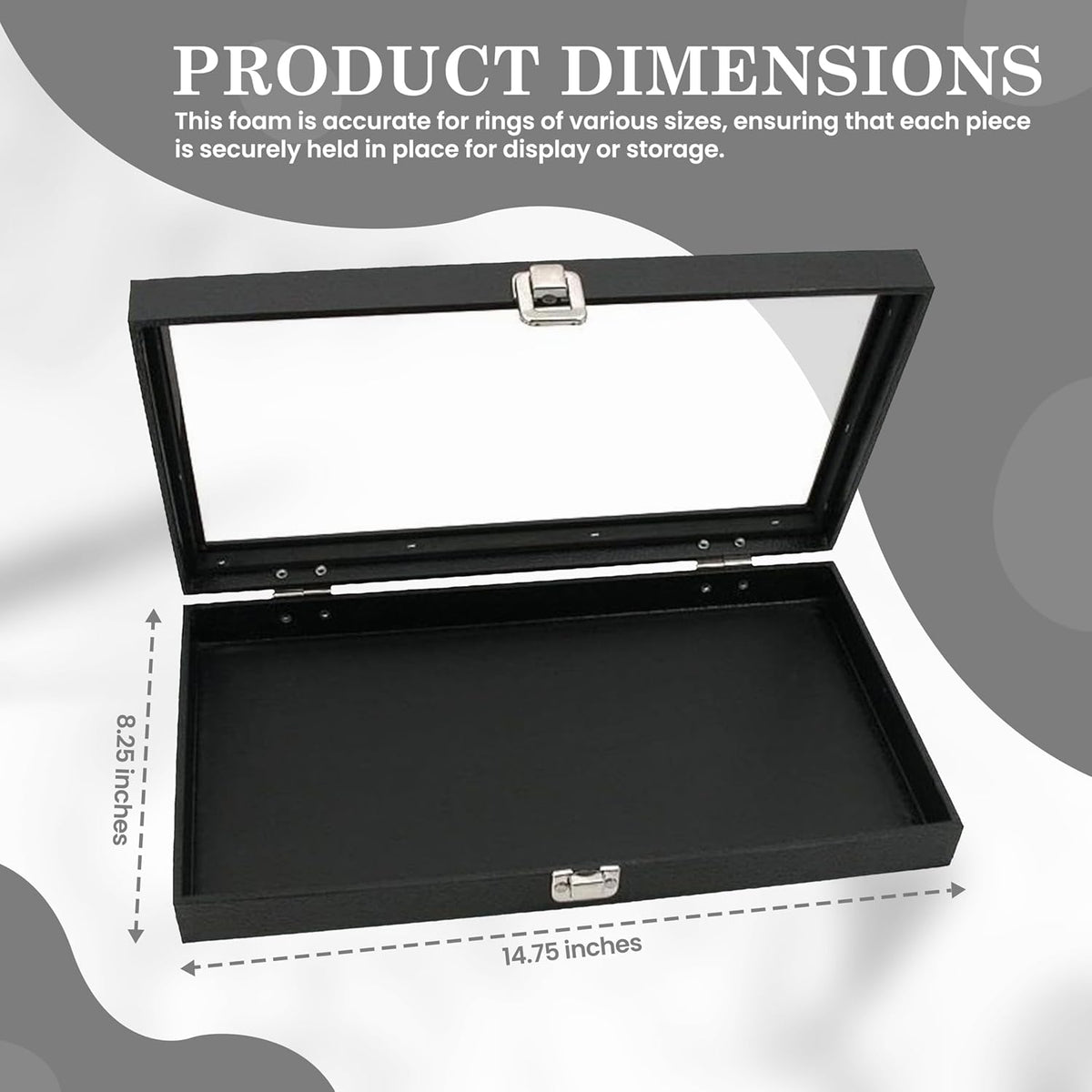 Novel Box Jewelry Display Glass Case Black 14.75 x 8.25 x 2.1 Inches with 72-Slot Blue Foam Insert, Travel Storage Case with Metal Clasp, Dust-Free Secure Organizer