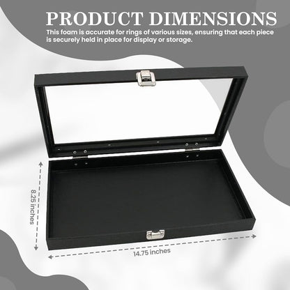 Novel Box Jewelry Display Glass Case Black 14.75 x 8.25 x 2.1 Inches with 72-Slot Blue Foam Insert, Travel Storage Case with Metal Clasp, Dust-Free Secure Organizer