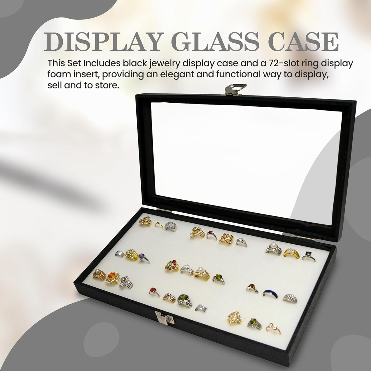 Novel Box Jewelry Display Glass Case Black 14.75 x 8.25 x 2.1 Inches with 72-Slot Blue Foam Insert, Travel Storage Case with Metal Clasp, Dust-Free Secure Organizer