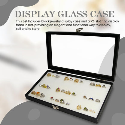 Novel Box Jewelry Display Glass Case Black 14.75 x 8.25 x 2.1 Inches with 72-Slot Blue Foam Insert, Travel Storage Case with Metal Clasp, Dust-Free Secure Organizer