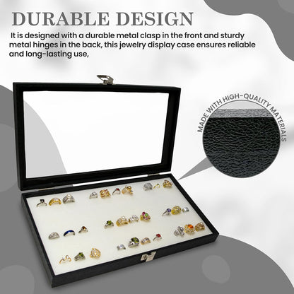 Novel Box Jewelry Display Glass Case Black 14.75 x 8.25 x 2.1 Inches with 72-Slot Blue Foam Insert, Travel Storage Case with Metal Clasp, Dust-Free Secure Organizer