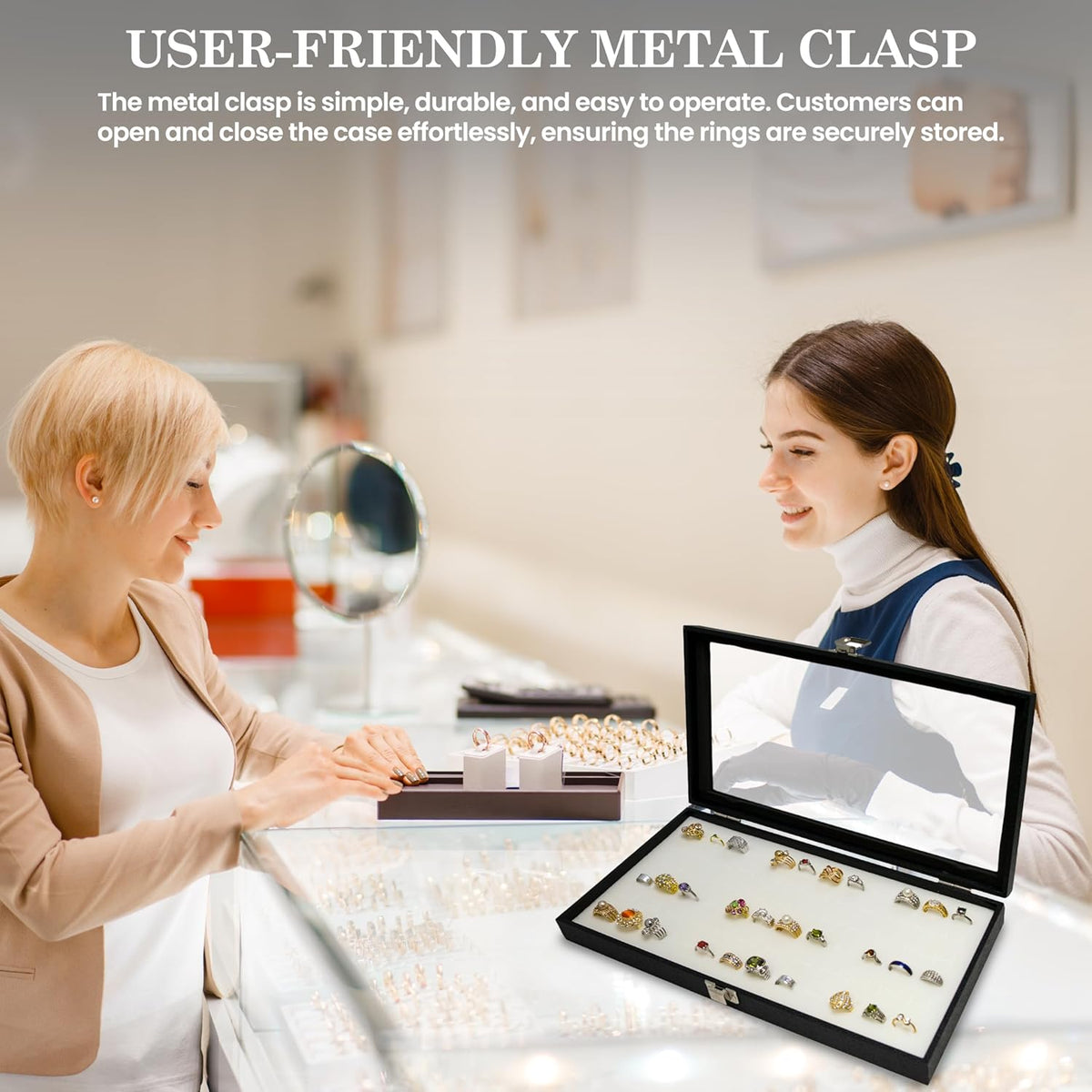 Novel Box Jewelry Display Glass Case Black 14.75 x 8.25 x 2.1 Inches with 72-Slot Blue Foam Insert, Travel Storage Case with Metal Clasp, Dust-Free Secure Organizer