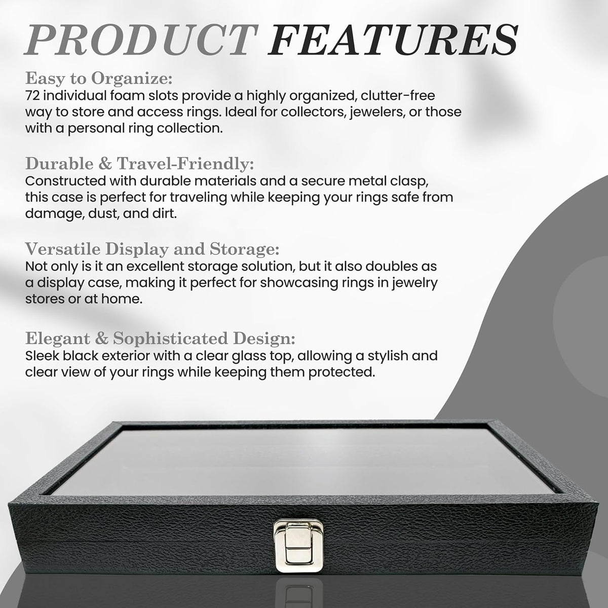 Novel Box Jewelry Display Glass Case Black 14.75 x 8.25 x 2.1 Inches with 72-Slot Blue Foam Insert, Travel Storage Case with Metal Clasp, Dust-Free Secure Organizer